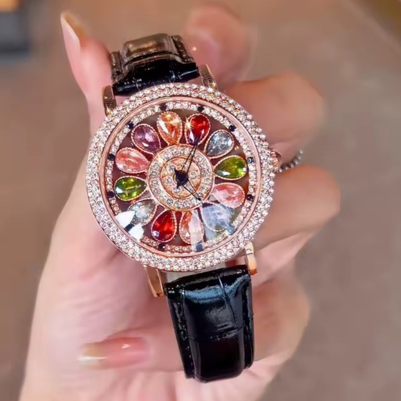 Luxury Rotating Petal Flower Dial Diamond Crystal Watch